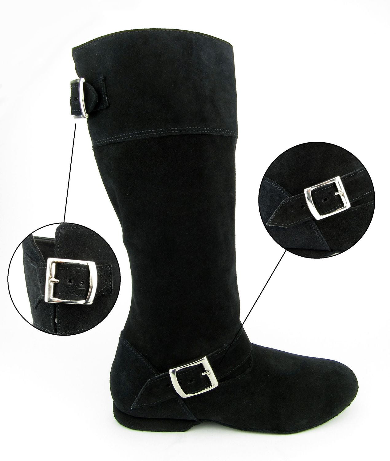 Rumpfs schwarzer Tanzstiefel 8830, perfekt für West Coast Swing, verfügt über zwei silberne Schnallen.